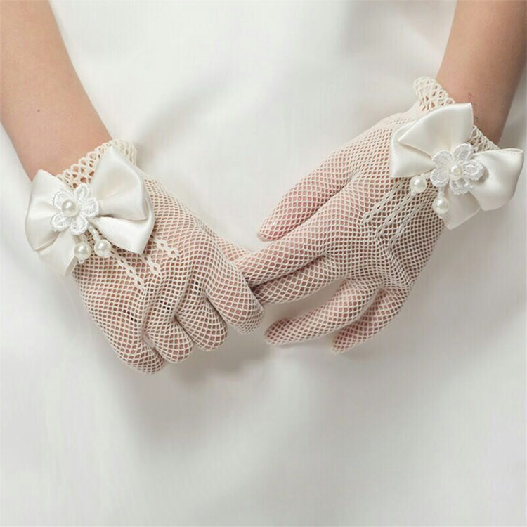 SZ60072-2 Flower Girls Lace Bowknot Net Voile Wedding Gloves Princess Glove